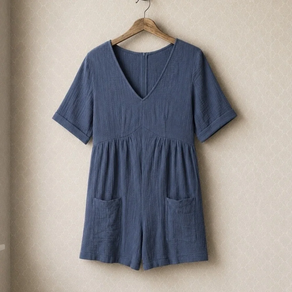 Cupshe Cotton Gauze V-Neck Babydoll Romper Blue XL‎